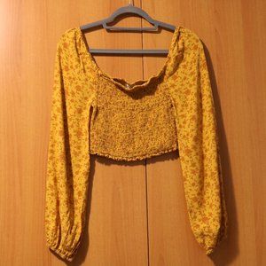 Mustard Yellow Floral Smocked Crop Top